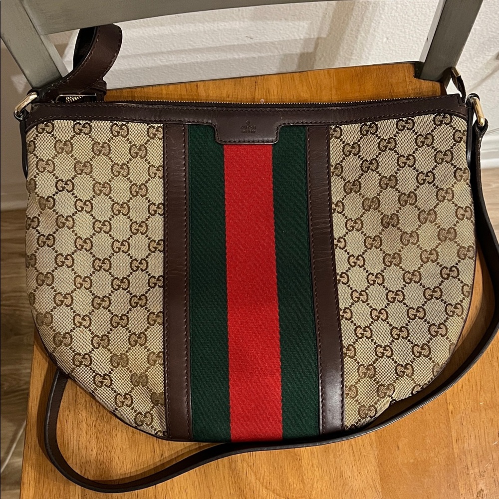Gucci Brown Monogram crossbody Bag with Green & Red Web Stripe